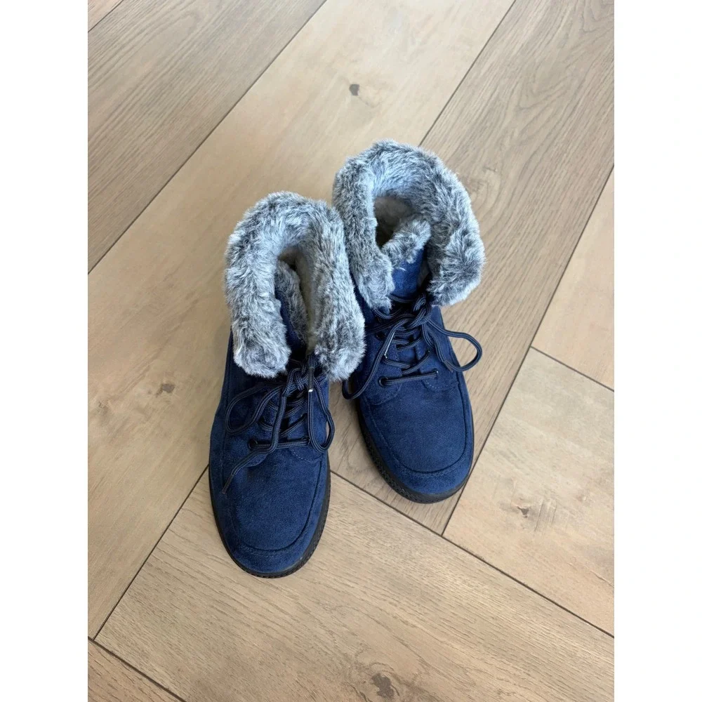 Navy Blue Faux Suede Faux Fur Trim Lace Up Winter Ankle Boots Size 36 GO Logo